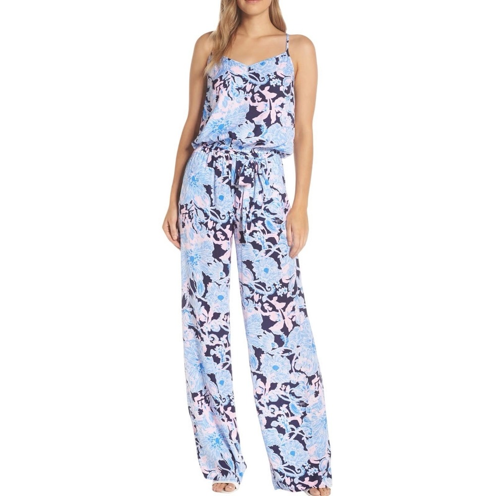 Lilly Pulitzer Floral Jumpsuit XS Blue Pink Wide Leg Sleeveless